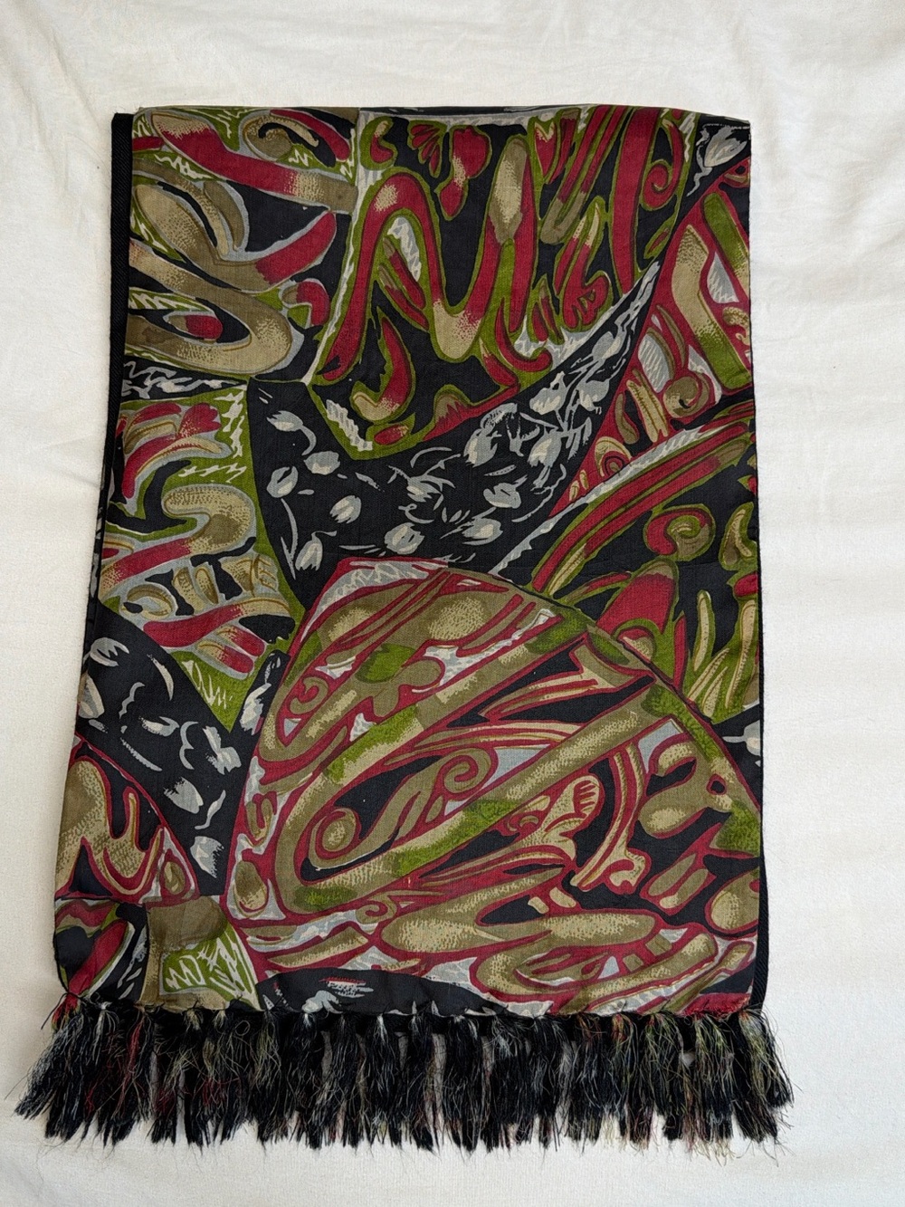 Fringed Paisley Wrap Scarf in Black, Olive & Red